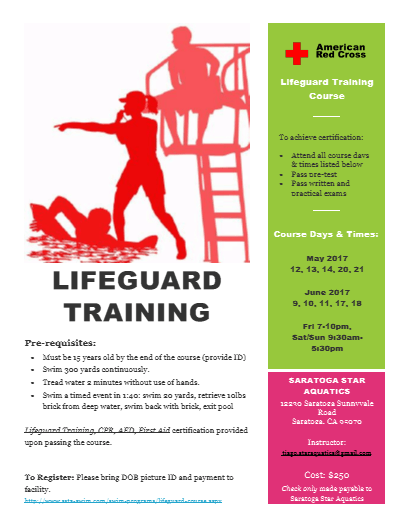 American Red Cross Lifeguard Tralning Course To achieve certification: Attend all course davs & times listed below Pass ore-test Pass written and oractical exams Course Days & Times: May 2017 12, 13, 14, 20, 21 LIFEGUARD June 2017 9, 10. 11. 17. 18 TRAINING Fri 7-10pm, Sat Sun 9130am Pre-requisites: 5130pm Must be15 rears old by the end of the course (provide ID) Swim 300 yards continuously SARATOGA STAR Tread water a minutes without use of hands. AQUATICS Swim a timed event in 1:40: snrim zo yards, retrieve 1albs 13o Saratoza Sunnvvale Road Saratoza. CA 05070- brick from deep water, swim back with brick, exit pool Lifeuand Training C An Bi aid certification provided upon passing the course. Instructor: tiaaatartict paal.cam Cost: $250 To Register: Flease bring DOB picture ID and payment to facility Chack only mada payable to SAratoga Stae Aquanics nim com im m aapa